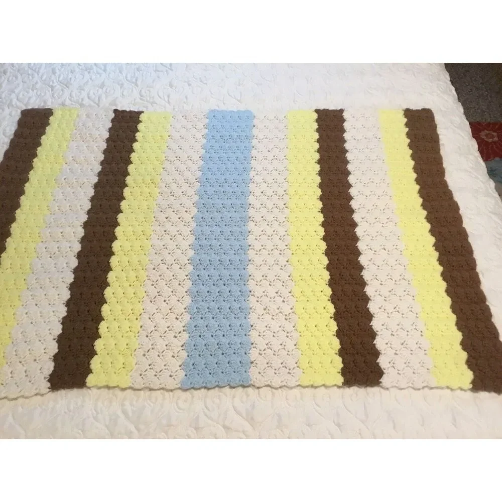 Crocheted Afghan handmade Throw Cover Brown yellow white‎ Size 40 Long 28 Wide